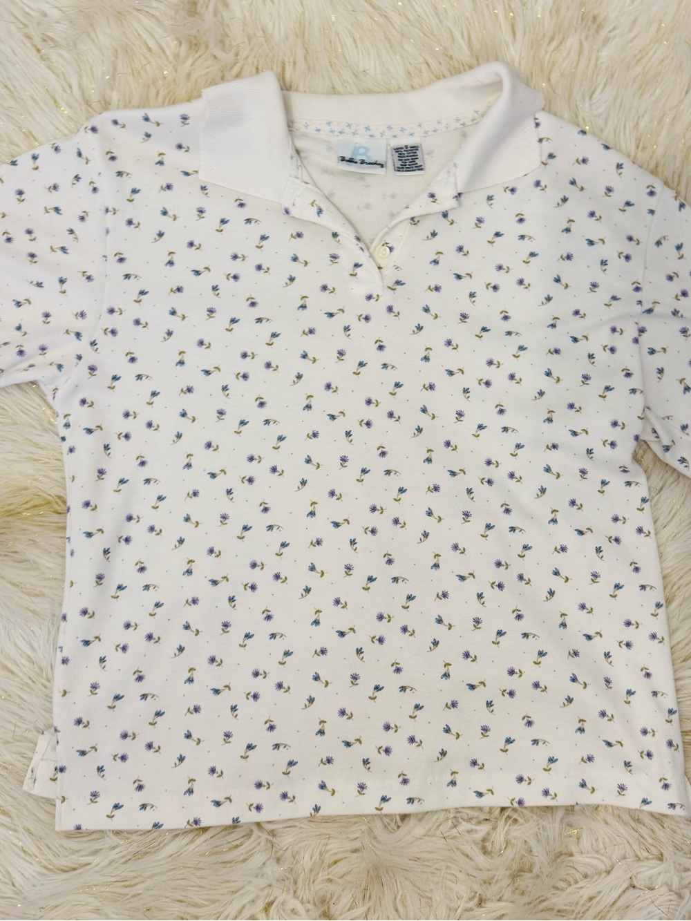 Bobbie Brooks White Polo Top with Tiny Purple Floral Print